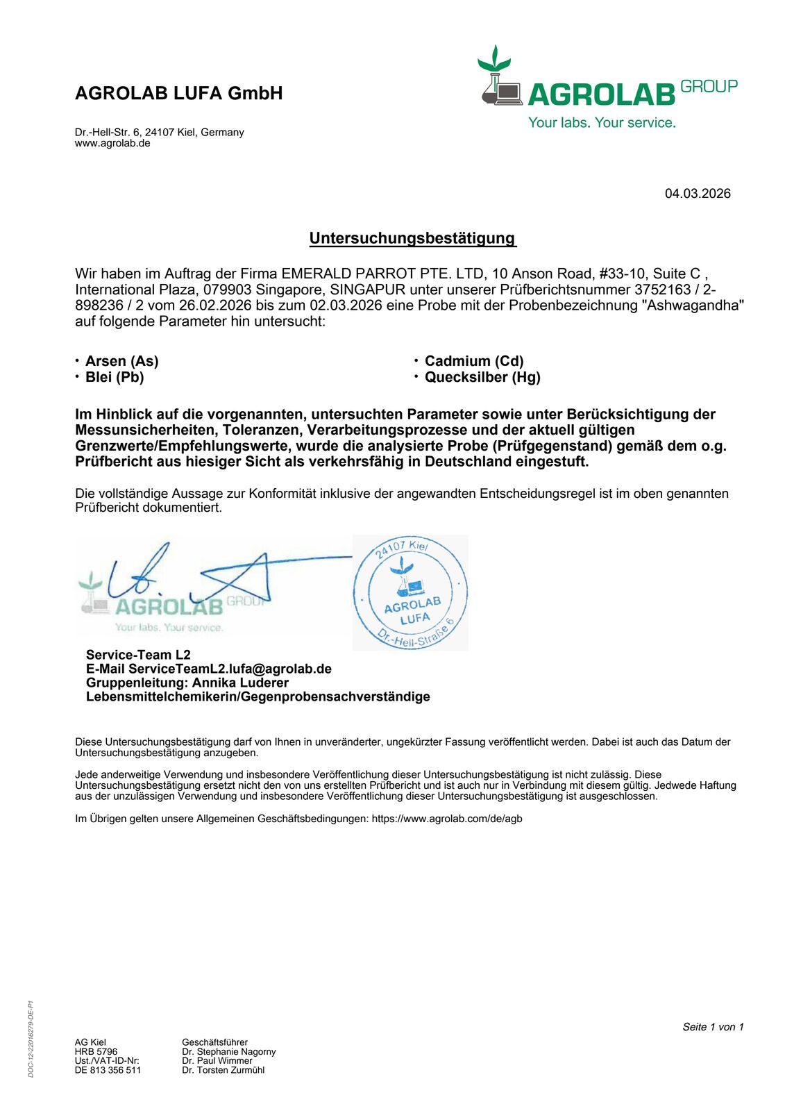 Untersuchungsbestätigung der AGROLAB LUFA GmbH vom 04.03.2026 für Charge NK-1-1, Prüfberichtsnummer 3752163